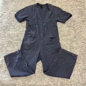 Monkl Dark Blue Workwear Casual Short Sleeve Jumpsuit Button Up Wide Leg Size XS